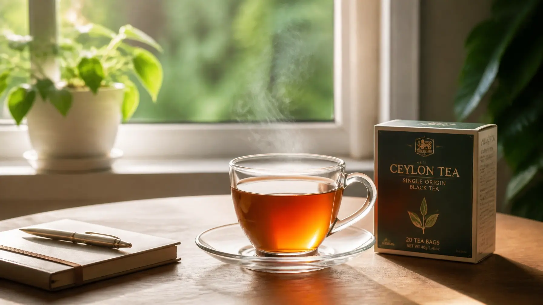 A serene morning scene featuring a steaming cup of authentic Ceylon tea on a minimalist wooden table, soft morning sunlight filtering through a window, and lush green tea leaves in the background.