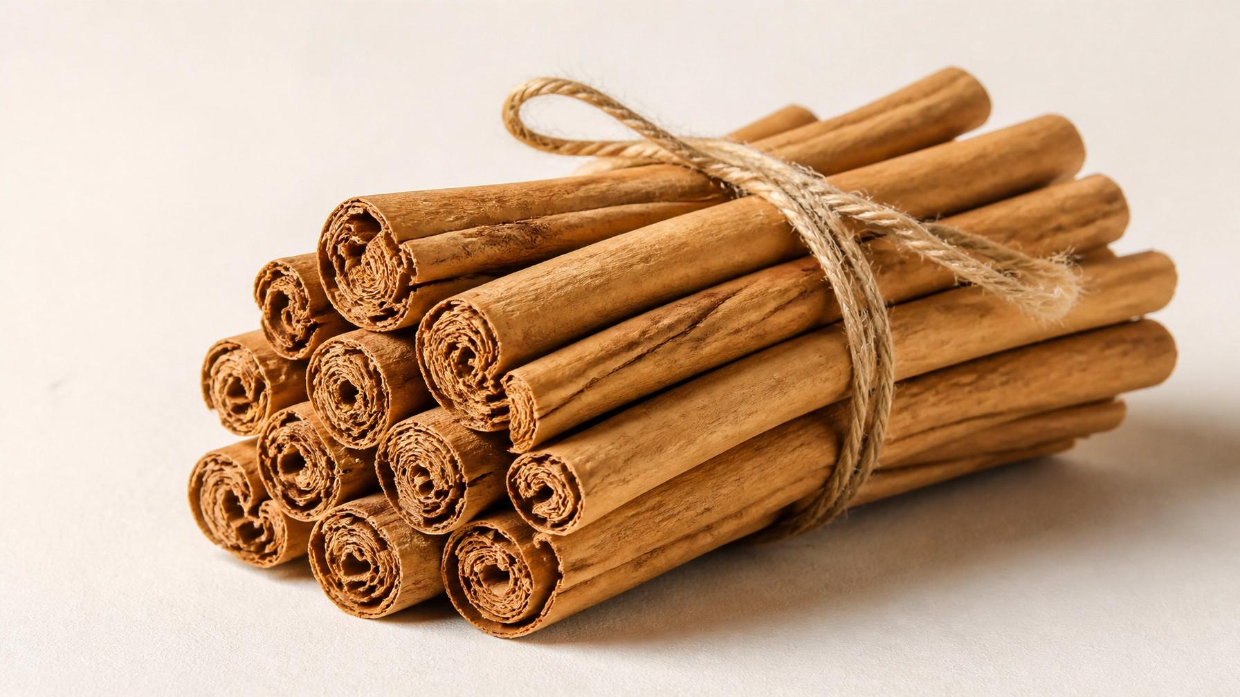 Premium Ceylon cinnamon quills bundled with twine on a clean minimalist background