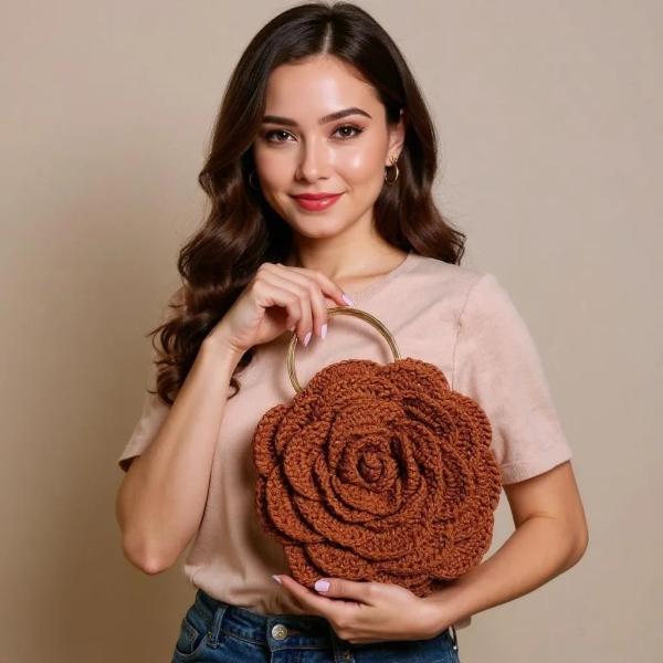 Brown Rose Flower Design Hand Bag – 11" x 13"