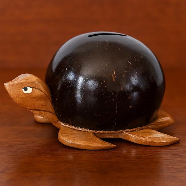 Turtle Piggy Bank – Handmade Coconut Shell & Wooden Money Bank