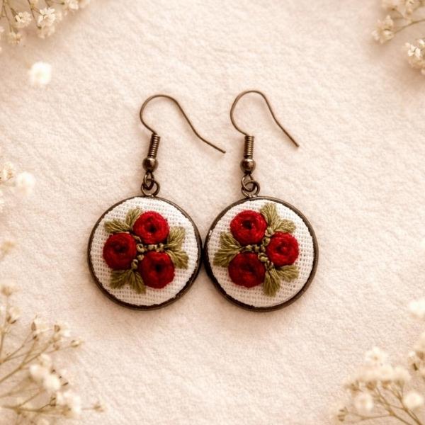 Linen Embroidery Earrings with Stainless Steel Base (Handcrafted)