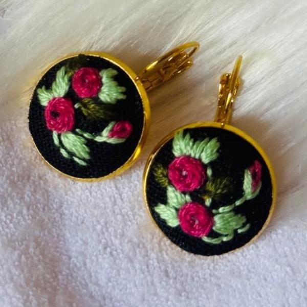 Linen Embroidered Earrings with Stainless Steel Base (Handcrafted)