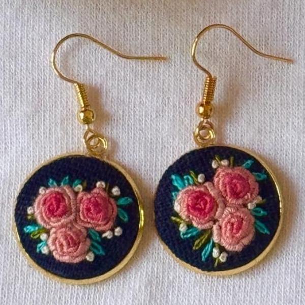 Linen Embroidered Earrings with Stainless Steel Base - Handcrafted