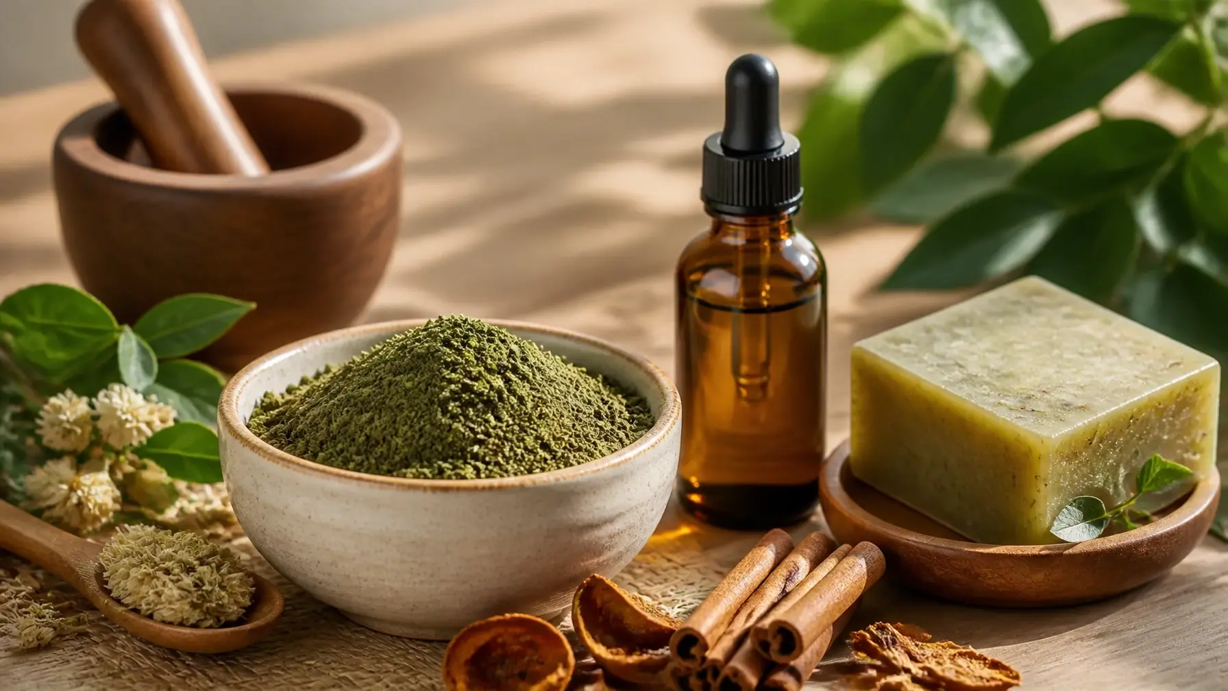 A premium selection of Sri Lankan Ayurvedic products including herbs, oils, and handmade soaps on a minimalist wooden background