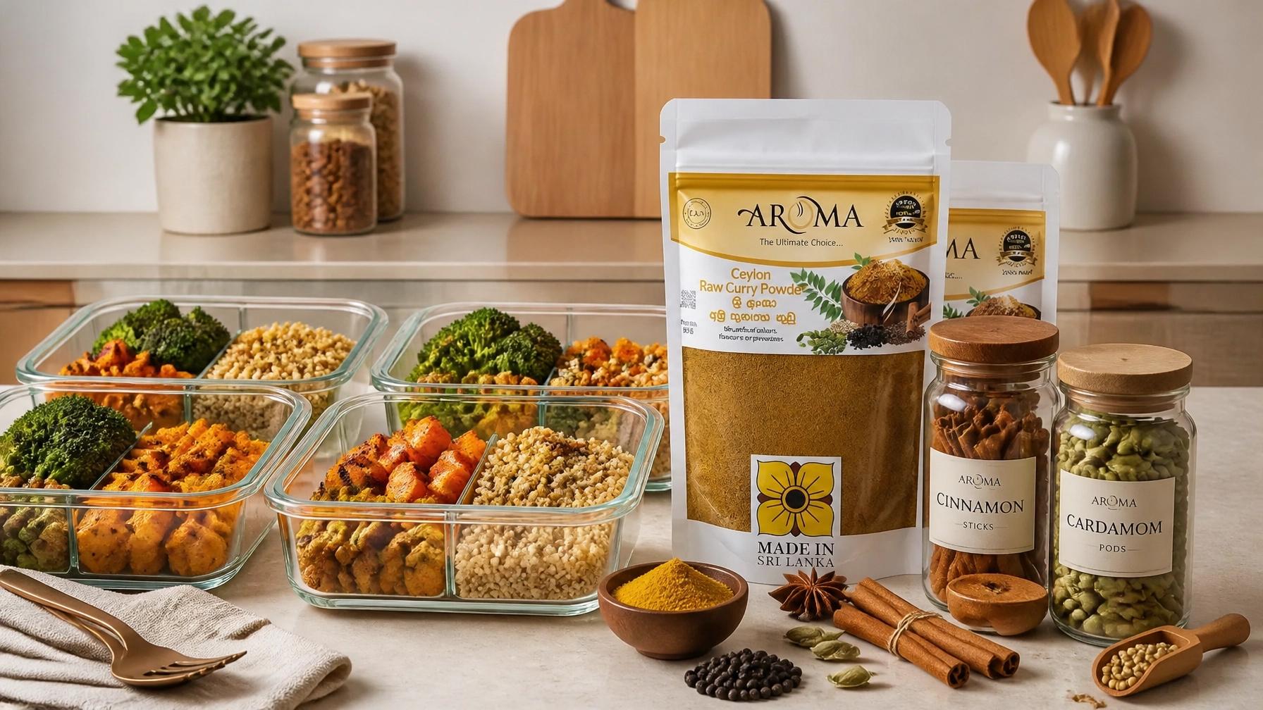 A high-quality meal prep setup with Sri Lankan spices and fresh roasted vegetables