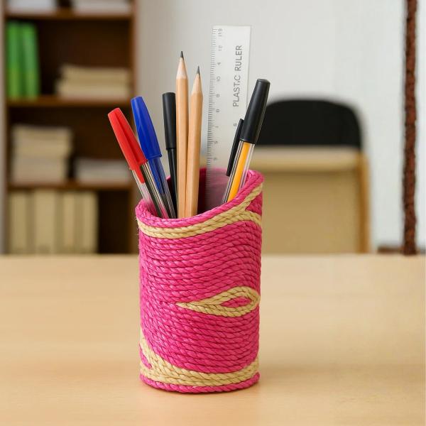 Handcrafted Banana Fiber Pen Holder – Pink & Off White