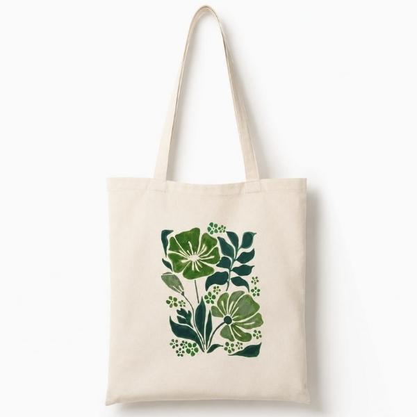 Hand-Painted Floral Canvas Tote Bag – Eco-Friendly Botanical Shopping Bag