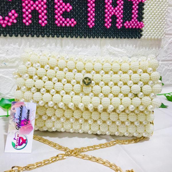 Custom Handcrafted Pearl & Crystal Luxury Beaded Bag – 9"x5"x3" – Off White
