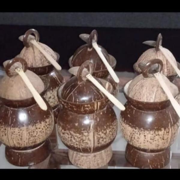 Handcrafted Coconut Shell Salt Pot – Natural & Eco-Friendly (8–12” Height)