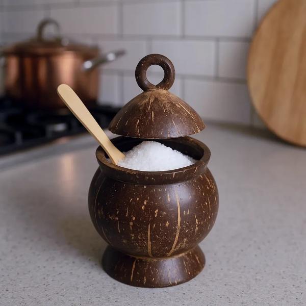 Handcrafted Coconut Shell Salt Pot – Natural & Eco-Friendly (8–12” Height)