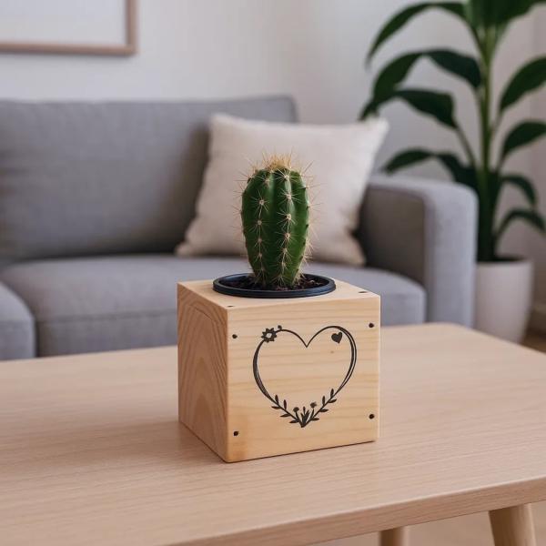 Minimalist Cactus Pot Holder – Pine Wood | 7x7x7 cm