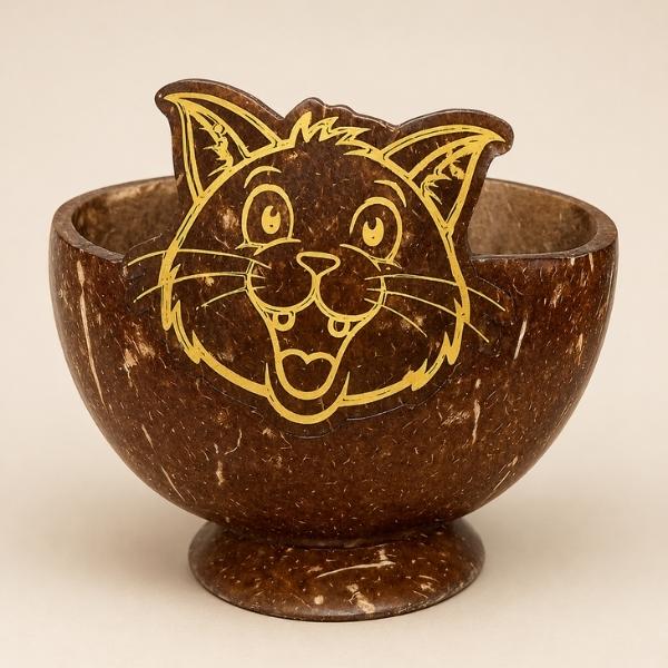 Coconut Shell Cat Meal Pot – Handcrafted Pet Feeding Bowl with Custom Laser Printing
