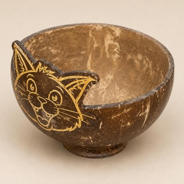 Coconut Shell Cat Meal Pot – Handcrafted Pet Feeding Bowl with Custom Laser Printing