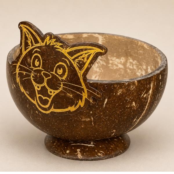 Coconut Shell Cat Meal Pot – Handcrafted Pet Feeding Bowl with Custom Laser Printing