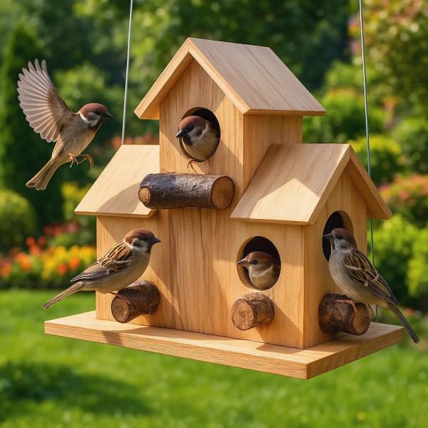 3-in-1 Wooden Bird Nest by Hiru Homes – Handcrafted Pine Haven