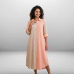 Women’s Beige & Light Orange Grid-Pattern Dress – 100% Pure Cotton | Stylish Collared Dress