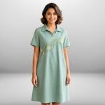 Women’s Green Cotton Embroidery Frock – 100% Pure Cotton | Comfortable Casual Dress