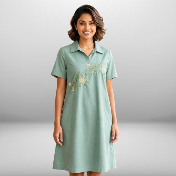 Women’s Green Cotton Embroidery Frock – 100% Pure Cotton | Comfortable Casual Dress