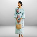 Women’s Light Blue Artisan Batik Dress – Handcrafted Rose Motifs | Boat Neck & 3/4 Bell Sleeves