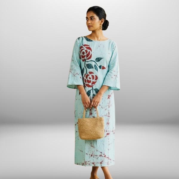 Women’s Light Blue Artisan Batik Dress – Handcrafted Rose Motifs | Boat Neck & 3/4 Bell Sleeves