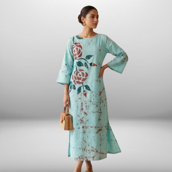 Women’s Light Blue Artisan Batik Dress – Handcrafted Rose Motifs | Boat Neck & 3/4 Bell Sleeves