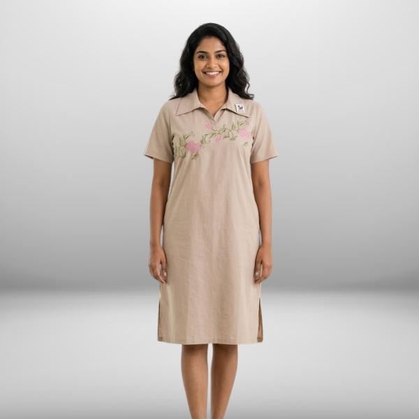 Women’s Beige Embroidery Frock – Comfortable Cotton Dress | Elegant Embroidery Design