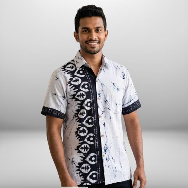 Men’s Handmade Batik Cotton Shirt – Black & White Mix Design| Size 16