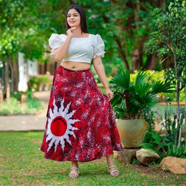 Ladies White Cutlon Top with Red & Maroon Wraparound Batik Skirt – 100% Cotton | Sinhala & Tamil New Year Special Collection