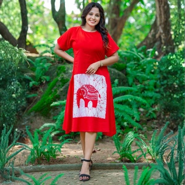 Red Batik Frock with Elephant Design – 100% Cotton Super Voile | Casual Women’s Dress (S–XL)