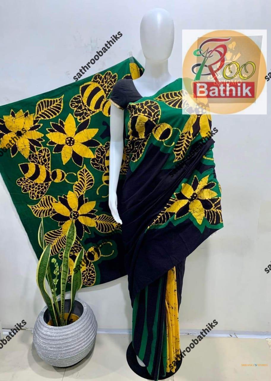 Sathroo Bathiks – Sri Lankan Handmade Three-Colour Batik Saree with Jacket Piece