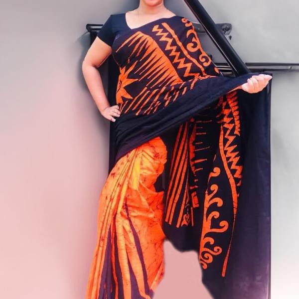 Elegant Two-Tone Handcrafted Batik Saree – Orange & Black | Sinha Batik