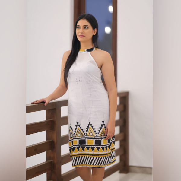 Elegant White Batik Frock with Black & Yellow Design – Super Voil Fabric