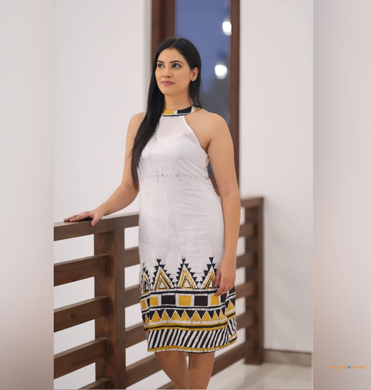 Elegant White Batik Frock with Black & Yellow Design – Super Voil Fabric