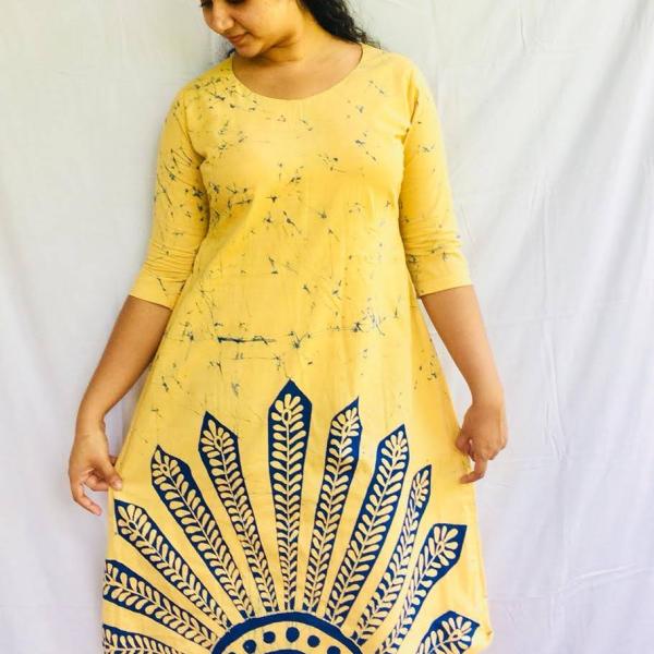 Light Yellow & Blue Designer Batik Frock – Sinha Bathik