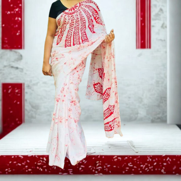 Chic Two-Tone Handcrafted Batik Saree – Red & White | Sinha Batik