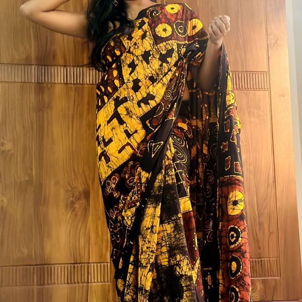 Elegant Handmade Batik Saree – Super Voile | Yellow, Brown & Black | 7 Yards with Jacket Piece