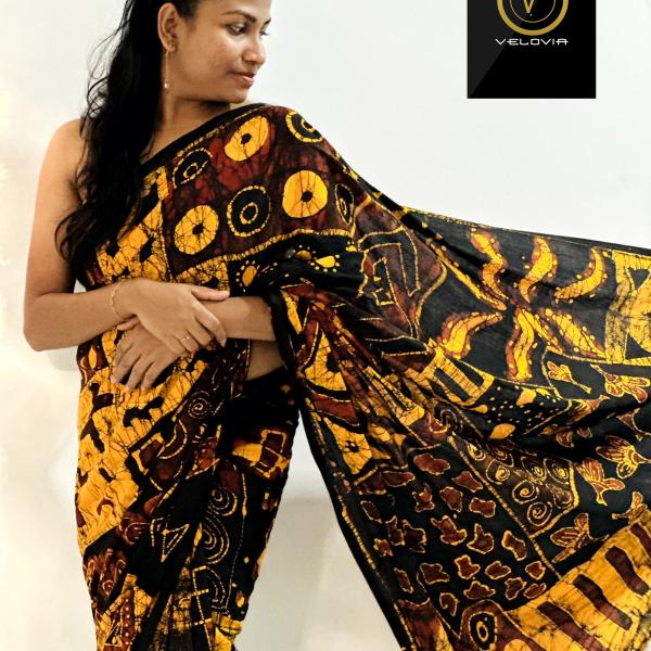Elegant Handmade Batik Saree – Super Voile | Yellow, Brown & Black | 7 Yards with Jacket Piece