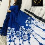 Elegant Blue & White Batik Saree – Super Voile Fabric | 7 Yards with Jacket Piece (VELOVIA)