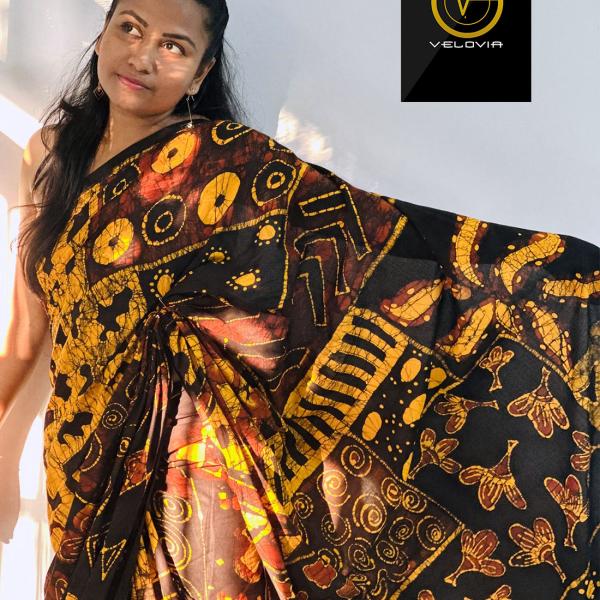 Elegant Handmade Batik Saree – Super Voile | Yellow, Brown & Black | 7 Yards with Jacket Piece